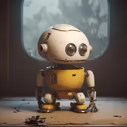 an old robot standing near the window in an airplane