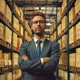 man in suit and tie standing in front of a rack with boxes