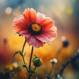 red flower with yellow and black center surrounded by grass,a single pink flower with water drops on it
