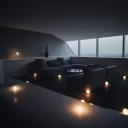 there are glowing candles in the dark room