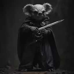 a creepy mouse holding two swords in one hand