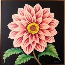 a painting that shows a large flower with leaves,a close up of a painting on the wall,a painting of a large flower with some green leaves,a painting of a large flower in shades of pink,a large pink flower with a black background