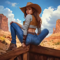 a woman in cowboy gear sits on a wooden fence