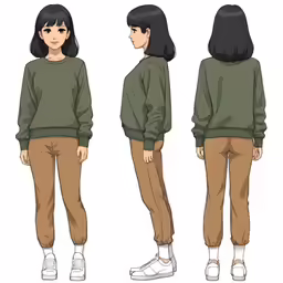 a person in green sweater standing next to another character