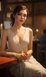 a woman holding a glass while sitting on a counter