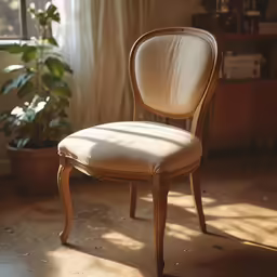 a wooden chair with a white seat and cushion sitting in front of a window