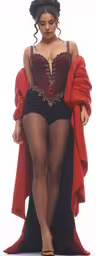 a woman in red and black is wearing sheer garb