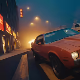 old red car parked on a road in the middle of a city