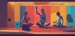 three women are sitting on a floor near the wall,two people in front of a colorful wall