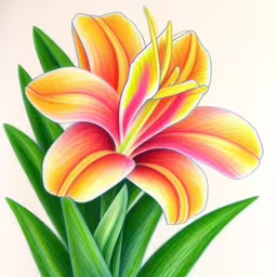 drawing of a flower with colored pencils,the large orange and yellow flower has green leaves