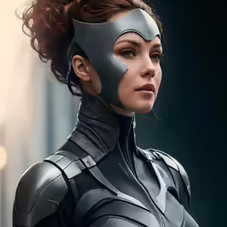 a woman wearing an alien costume and an armor