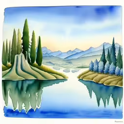 the water is reflecting a peaceful landscape with trees,there are many trees that can be seen in the painting