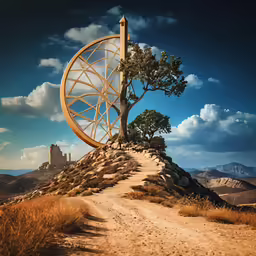 a large wheel is set up on top of a small mountain