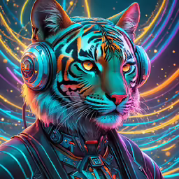 a tiger wearing headphones is shown in front of neon swirls