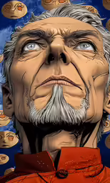 an older man with a white beard standing next to a bunch of buttons