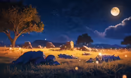 a grassy field at night with a large full moon
