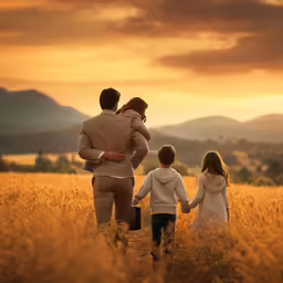 a family walking down a dirt road at sunset