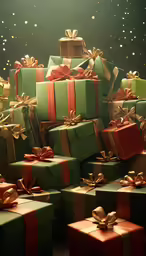 many boxes wrapped in bows and wrapped with green paper