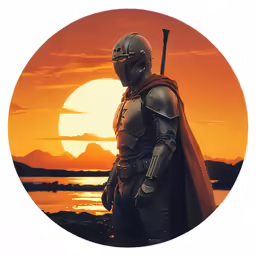 a man in a armor is standing with a sword