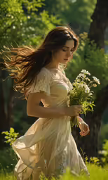 a young woman holding a bouquet of flowers