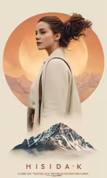 a woman with a long brown braid stands in front of mountains with a moon