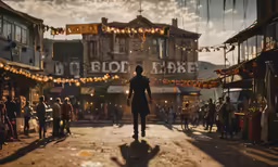 a person walking in a street in front of a movie theatre