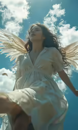 a woman flying through the air with her wings outstretched