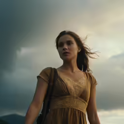 the woman is standing up against the cloudy sky