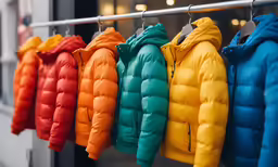 a line of colored puffer jackets hanging on a rack