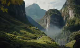 some grass and trees with mountains in the background