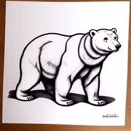 a black and white drawing of a bear,a bear standing up in front of a white poster