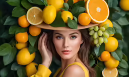 a girl with her eyes closed and fruit all over her head