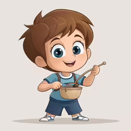 a boy with brown hair holding a wooden spoon