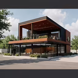 a building has glass windows and lots of trees
