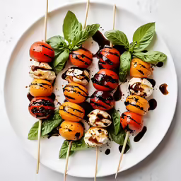a plate with vegetables and some skewers of food