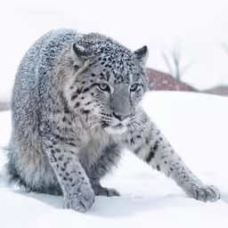 a snow leopard crouching in the snow