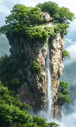 a house with a waterfall in the sky near by trees