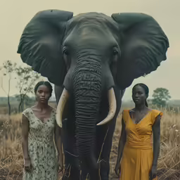two women stand in front of an elephant