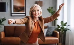 an older woman wearing a brown jacket is gesturing while she sits in a living room with a sofa