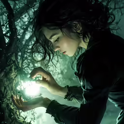 a woman holds her hands out as she lights a light in a forest