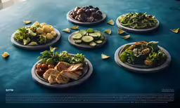 the plates of food are set on the blue table
