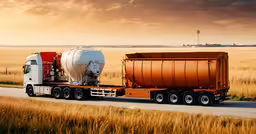 a truck drives down a road in a field with a cement truck driving behind it,a large tanker truck on the road in front of a wheat field
