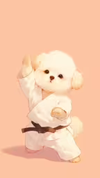 a small teddy bear in karate gear doing something,a painting of a teddy bear dressed in karate clothes