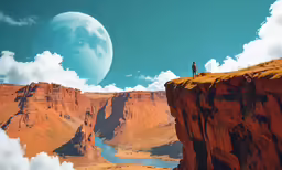 two people standing at the edge of a cliff near the moon