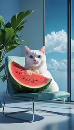 a cat is sitting in a chair and eating a piece of watermelon