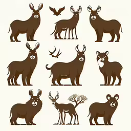 different types of animals silhouettes of deer,a set of 12 different images of wild animals,various types of deer silhouettes with white background,a set of eight animals standing side by side,a set of different wild animals in silhouette