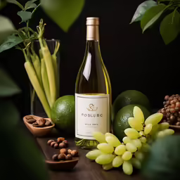 a bottle of wine next to some green fruits and nuts