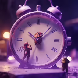 miniature figures standing in front of a clock, with one fig on top of another