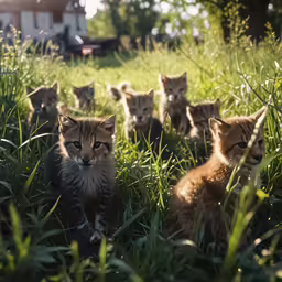 small kittens are sitting in the tall grass outside