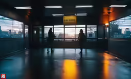 a silhouette of people standing in an airport terminal with the sun coming through window